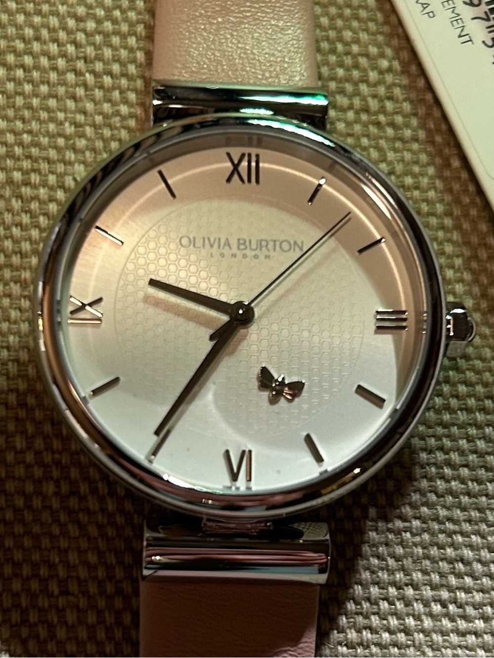 Olivia Burton Watch with 36mm Silver Face With Mini 3D Butterfly & Pink Band